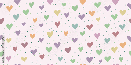 Seamless pattern with colorful hearts, light pink background, vector drawing, wide horizontal design