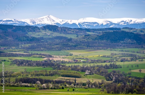 view on Sudety with snowy Karkonosze mountains with green meadows during spring in Poland photo