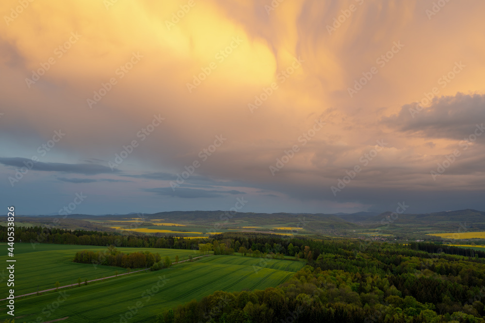 amazing landscape in Sudety mountains with stormy cloud in Poland during spring