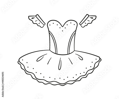Cute ballerina dress. Ballet costume for coloring book. Isolated vector illustration in doodle style on white background.