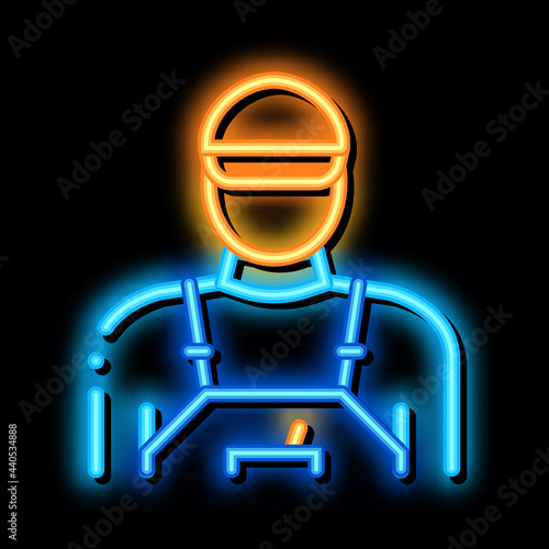 tile stacker worker neon light sign vector. Glowing bright icon tile stacker worker sign. transparent symbol illustration