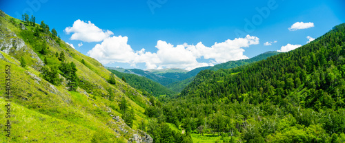 mountain valley at summer time, bright blue sky with fluffy clouds, panoramic landscape