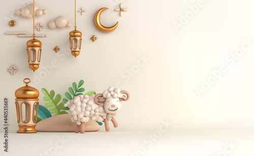Eid al adha islamic decoration background with goat sheep arabic lantern crescent  ramadan kareem  mawlid  iftar  isra miraj  eid al fitr  muharram  copy space text area  3D illustration.