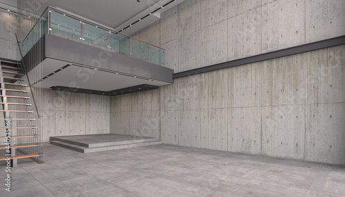 3d Illustation - Leerstehendes modernes Loft - Studio - Atelier mit und einer Treppe - helle Wohnung