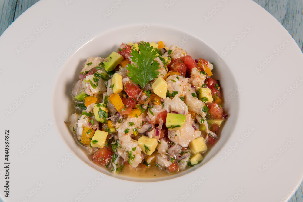 Cod Ceviche recipe, bread in oil and garlic. High quality photo