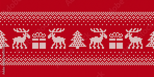 Xmas seamless pattern. Christmas knit texture with deers, tree and gift box. Knitted sweater background. Holiday fair isle traditional ornament. Festive red border. Winter print. Vector illustration