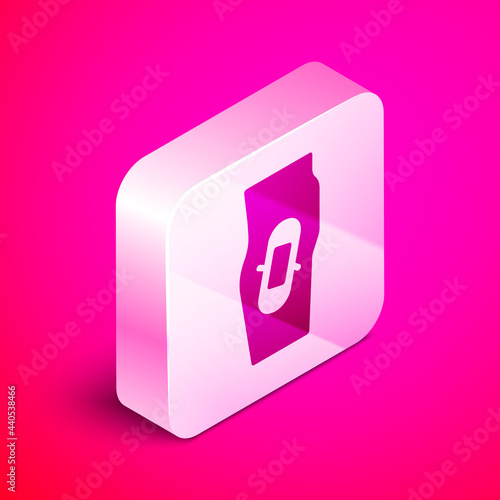 Isometric Plaster on leg icon isolated on pink background. Silver square button. Vector