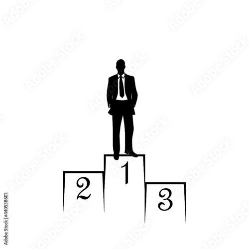 Winners business man on award pedestal icon isolated on white background