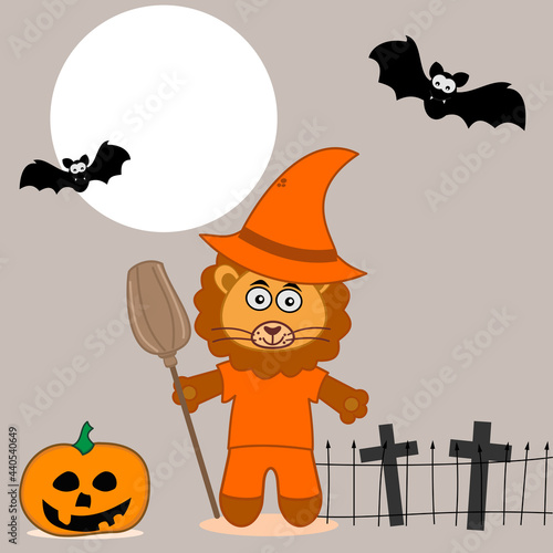 Halloween illustration with a lion disguised as a wizard including a pumpkin bat and the moon with a small cemetery