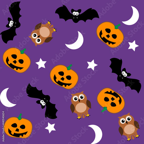 Halloween gift wrap paper with purple background including bat owls and pumpkin