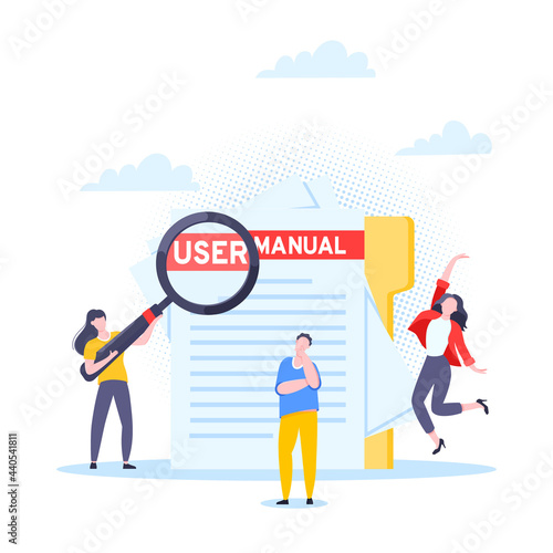 User manual guide book flat style design vector illustration. Tiny people, magnifying glass working together with guide book. Specifications user guidance document.