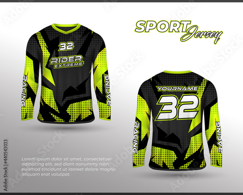 Long sleeve sports racing suit. Front back t-shirt design. Templates for team uniforms. Sports design for football, racing, cycling, gaming jersey. Vector.