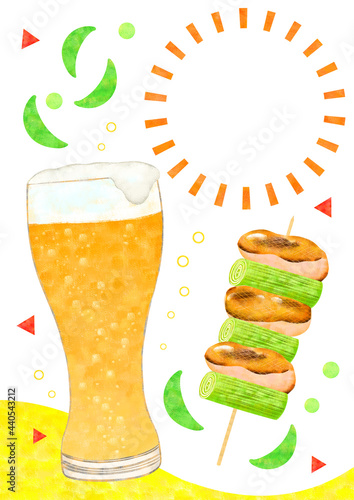 ビールとねぎまのイラスト背景フレーム Illustration frame of Japanese beer and  yakitori with copy space for text
