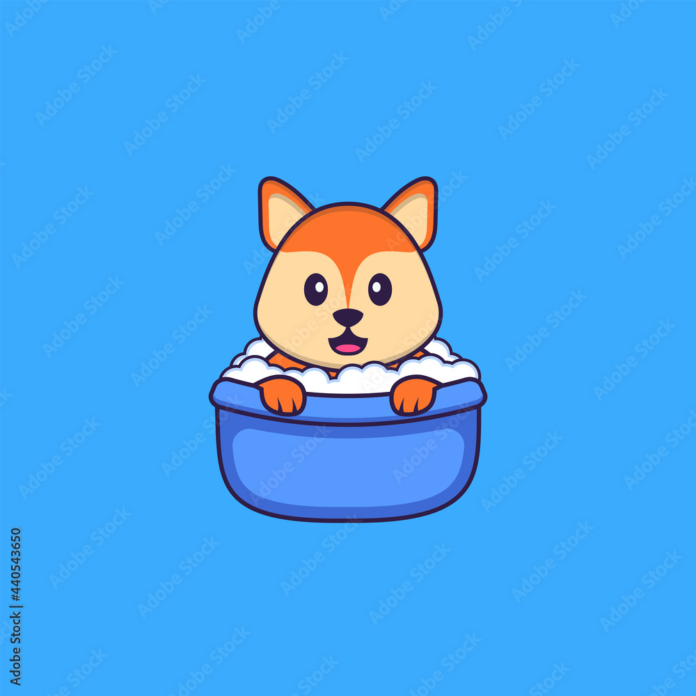 Obraz premium Cute fox taking a bath in the bathtub. Animal cartoon concept isolated. Can used for t-shirt, greeting card, invitation card or mascot. Flat Cartoon Style