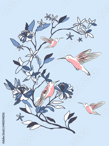Birds near the branch with flowers. Hand-drawn vector illustration