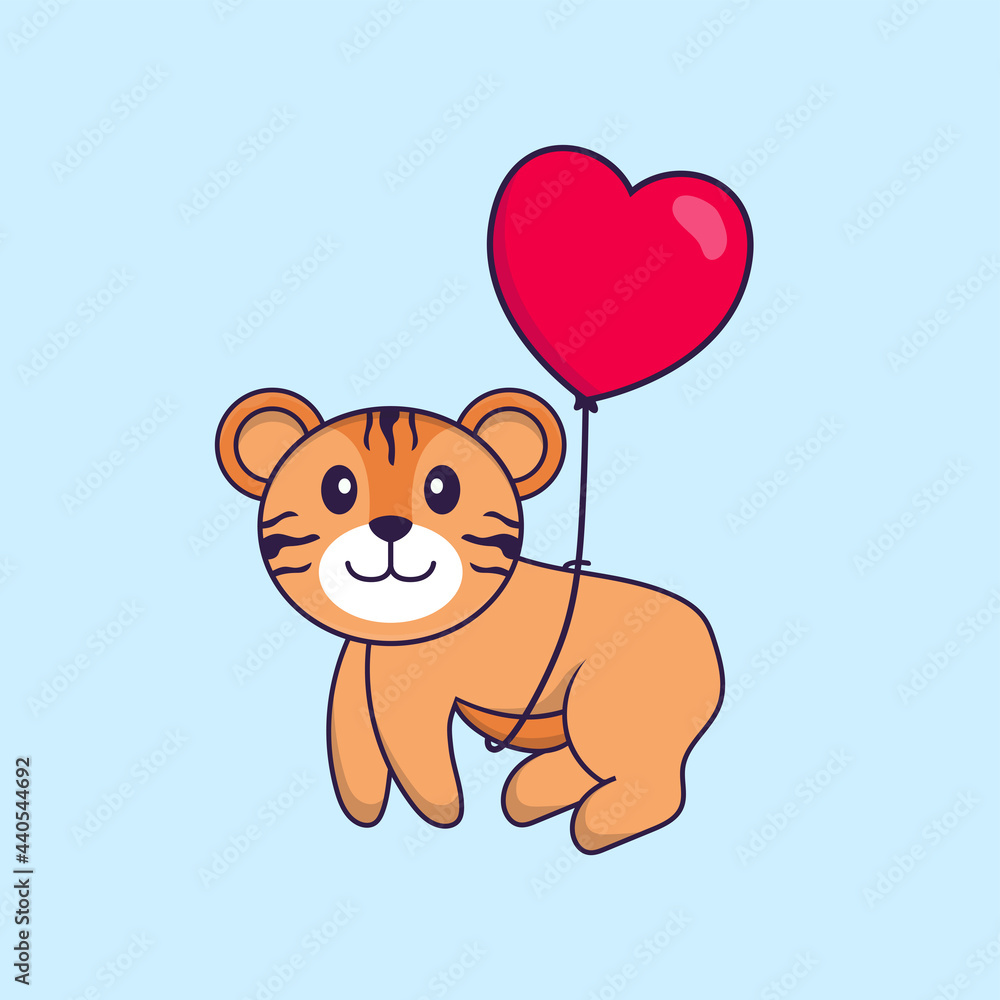 Fototapeta premium Cute tiger flying with love shaped balloons. Animal cartoon concept isolated. Can used for t-shirt, greeting card, invitation card or mascot. Flat Cartoon Style