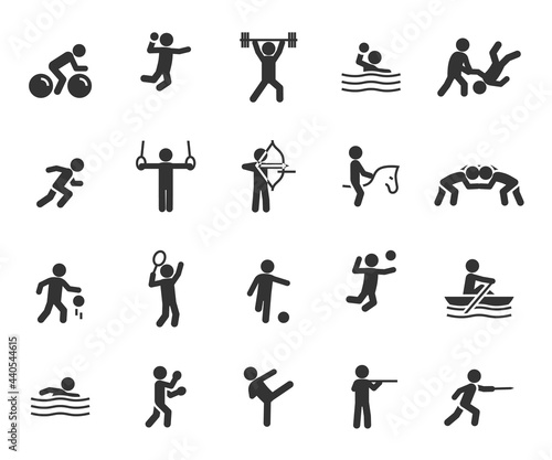 Vector set of sports flat icons. Contains icons weightlifting  basketball  taekwondo  handball  judo  fencing  volleyball  cycling  wrestling and more. Pixel perfect.