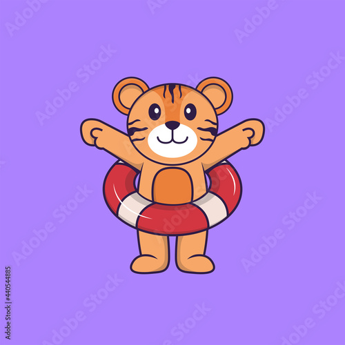 Cute tiger using a float. Animal cartoon concept isolated. Can used for t-shirt  greeting card  invitation card or mascot. Flat Cartoon Style