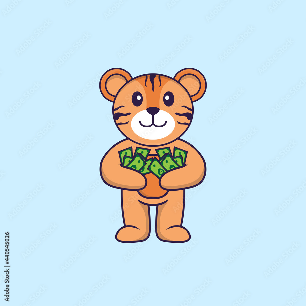 Fototapeta premium Cute tiger holding money. Animal cartoon concept isolated. Can used for t-shirt, greeting card, invitation card or mascot. Flat Cartoon Style