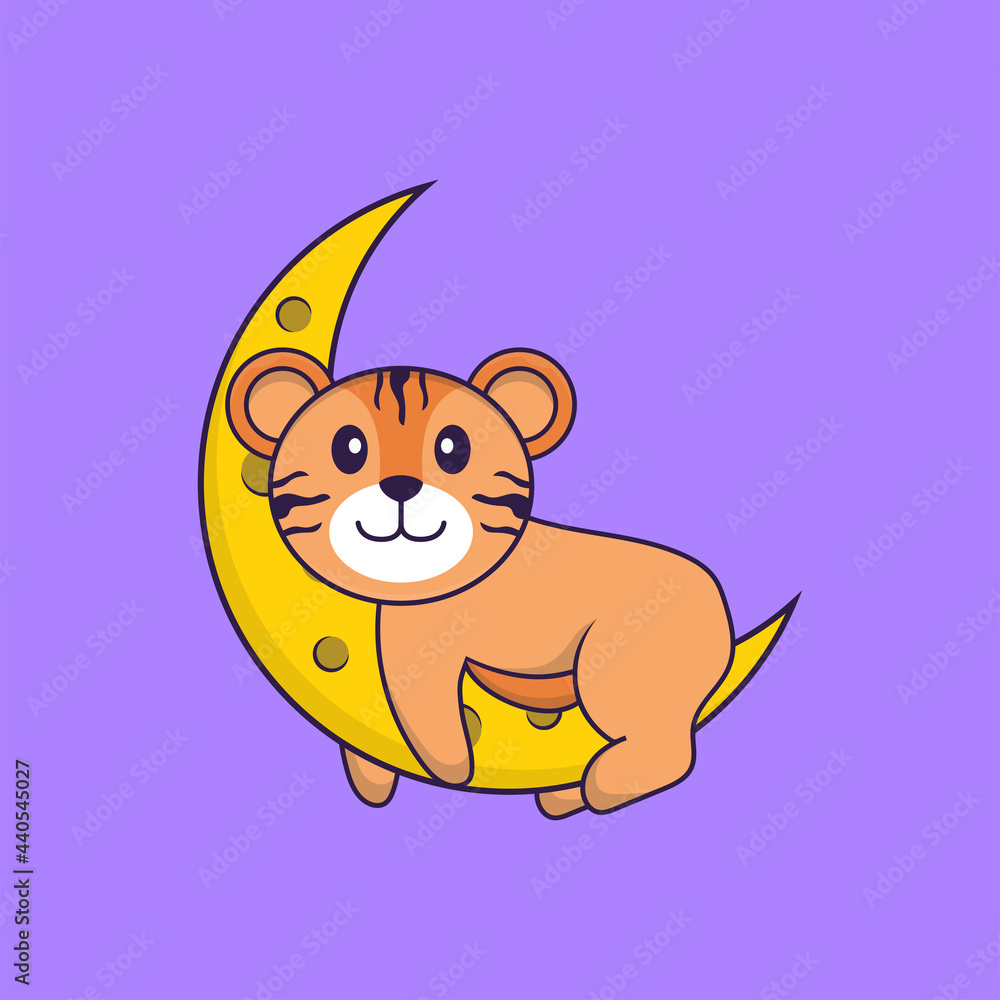 Fototapeta premium Cute tiger is on the moon. Animal cartoon concept isolated. Can used for t-shirt, greeting card, invitation card or mascot. Flat Cartoon Style