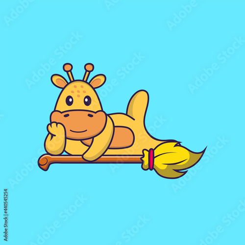 Cute giraffe lying on Magic Broom. Animal cartoon concept isolated. Can used for t-shirt, greeting card, invitation card or mascot. Flat Cartoon Style