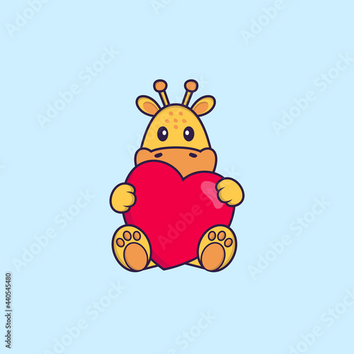 Cute giraffe holding a big red heart. Animal cartoon concept isolated. Can used for t-shirt  greeting card  invitation card or mascot. Flat Cartoon Style