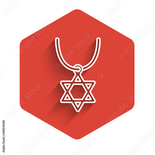 White line Star of David necklace on chain icon isolated with long shadow. Jewish religion symbol. Symbol of Israel. Jewellery and accessory. Red hexagon button. Vector