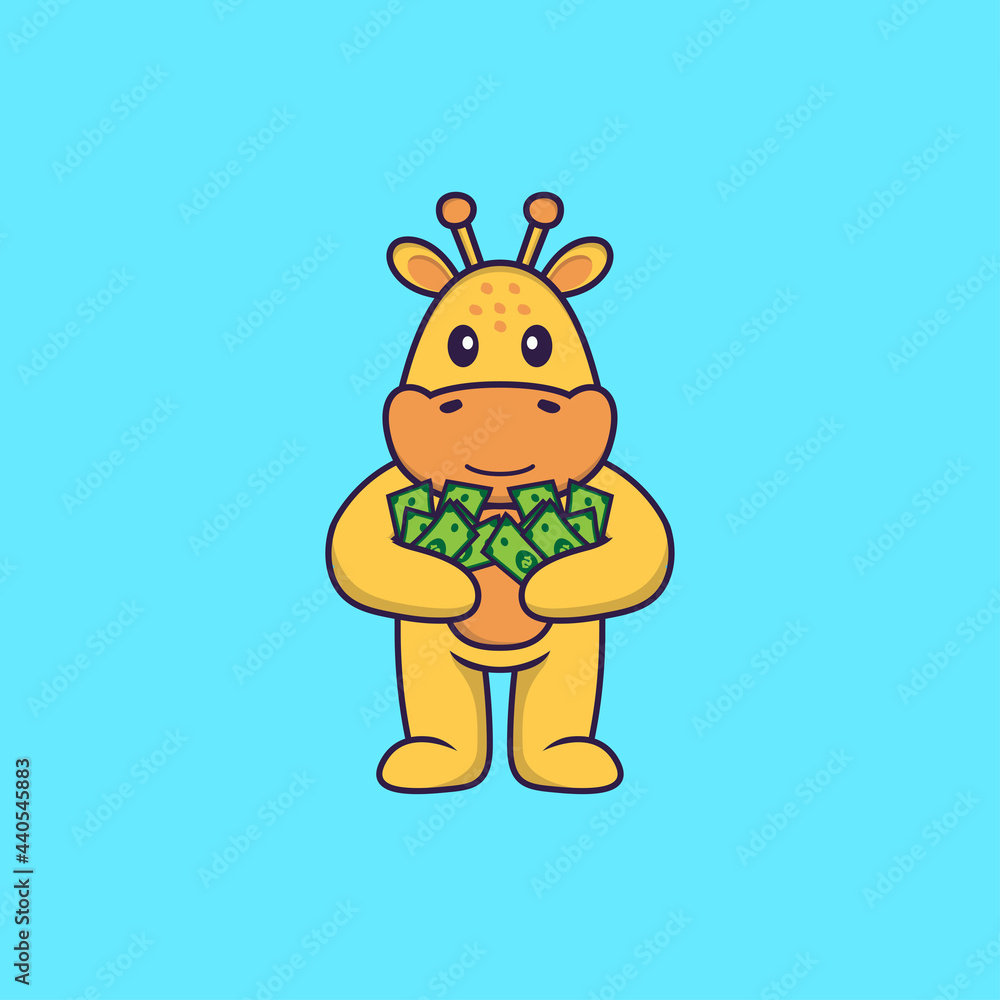 Fototapeta premium Cute giraffe holding money. Animal cartoon concept isolated. Can used for t-shirt, greeting card, invitation card or mascot. Flat Cartoon Style