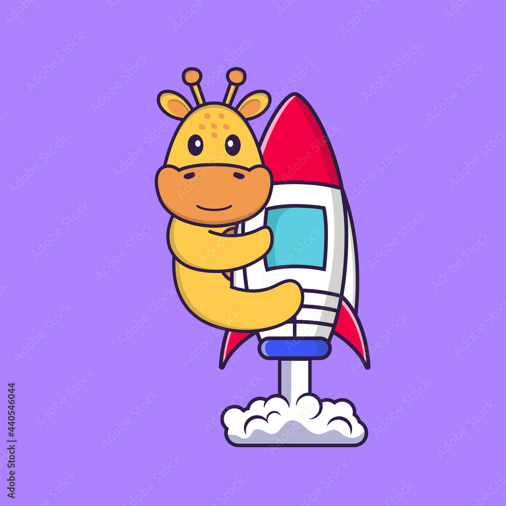 Obraz premium Cute giraffe flying on rocket. Animal cartoon concept isolated. Can used for t-shirt, greeting card, invitation card or mascot. Flat Cartoon Style
