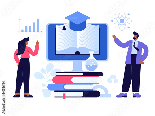 Online education scene concept. Students read e-books and use online library service. Man and woman study remotely, refresher trainings, prepare for exams, graduation. Vector character illustration