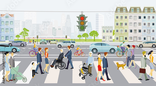 Zebrastreifen mit Straßenverkehr und Verkehrsampel mit Fußgänger, Illustration  © scusi