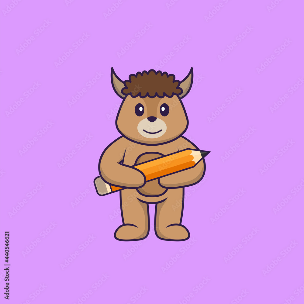 Fototapeta premium Cute sheep holding a pencil. Animal cartoon concept isolated. Can used for t-shirt, greeting card, invitation card or mascot. Flat Cartoon Style