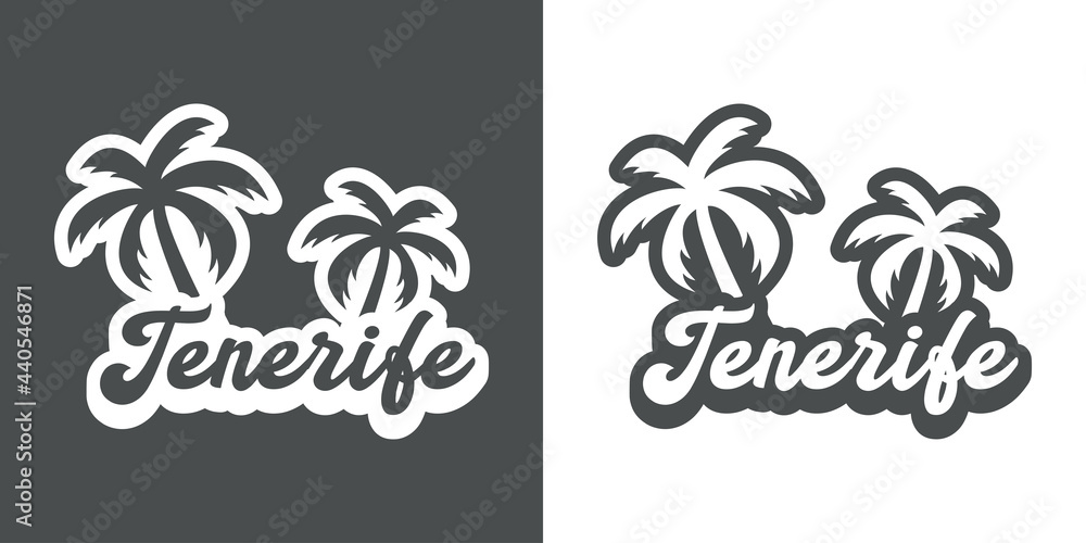 Destino de vacaciones. Logotipo con texto Tenerife con palmeras con sombra en fondo gris y fondo blanco