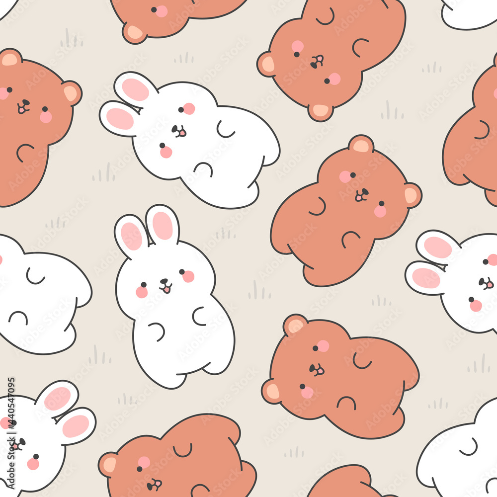 Cute rabbit and teddy bears pattern, seamless background, hand drawn cartoon with heart, vector illustration Cute rabbit and teddy bears pattern, seamless background, hand drawn cartoon with heart, vector illustration