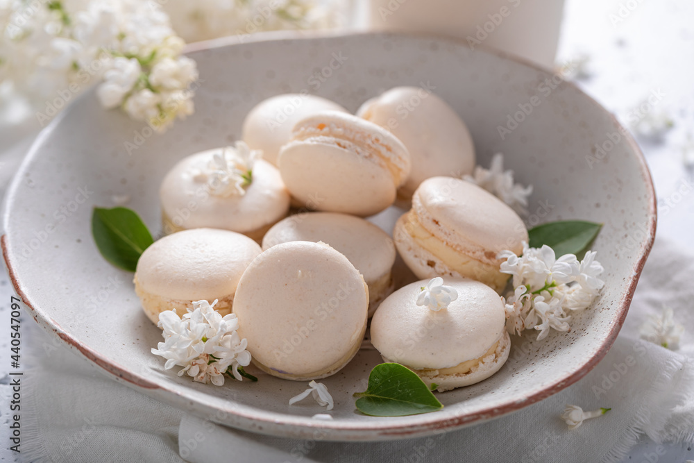 Sweet macaroons of flower flavour. Unique dessert arrangement. Sweet macaroons of flower flavour. Unique dessert arrangement.