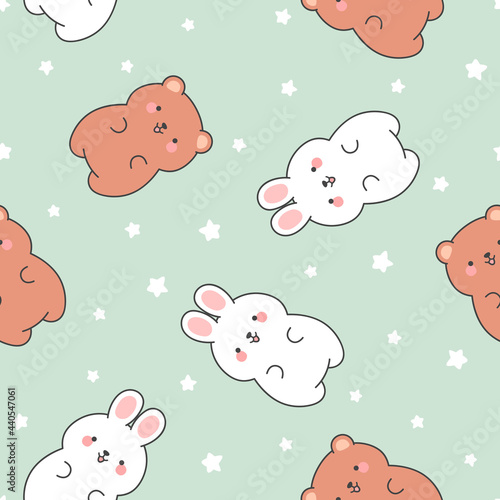 Cute rabbit and teddy bears pattern, seamless background, hand drawn cartoon with heart, vector illustration