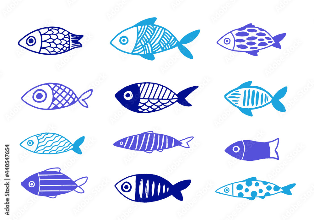 Greek fish, collection of hand drawn illustrations. Blue traditional fish symbols and icons - obrazy, fototapety, plakaty 