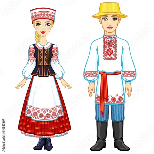 Slavic beauty. Animation portrait of the Belarusian family in national clothes. Full growth. Eastern Europe. Vector illustration isolated on a white background.