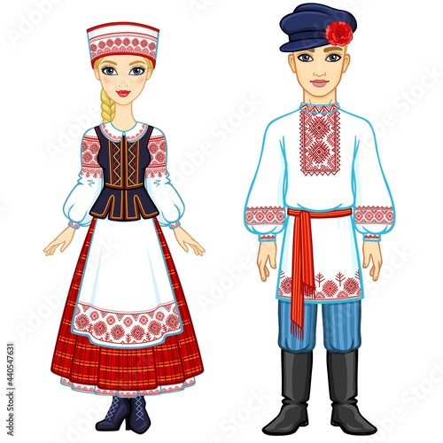 Slavic beauty. Animation portrait of the Belarusian family in national clothes. Full growth. Eastern Europe. Vector illustration isolated on a white background.