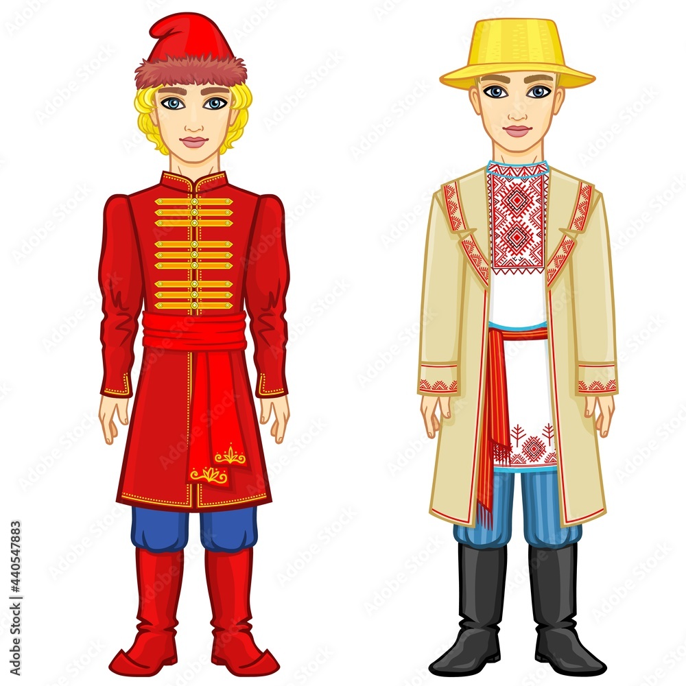 Slavic people. Animation portrait of the Russian and Belarusian man in traditional clothes. Eastern Europe.  Fairy tale character. Full growth. Vector illustration isolated on a white background.