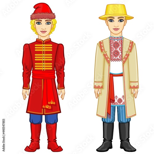 Slavic people. Animation portrait of the Russian and Belarusian man in traditional clothes. Eastern Europe.  Fairy tale character. Full growth. Vector illustration isolated on a white background.