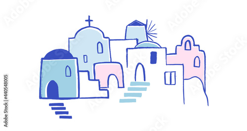 Greece hand drawn illustration. Santorini old town streets, traditional and famous houses and churches with blue domes 