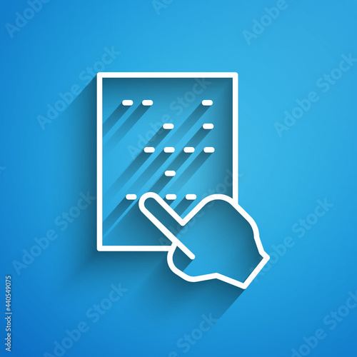 White line Braille icon isolated on blue background. Finger drives on points. Writing signs system for blind or visually impaired people. Long shadow. Vector