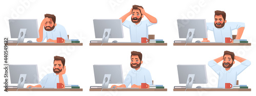 Businessman at desktop. Tired and successful worker. Deadline. The employee is angry. Different emotions of a man working