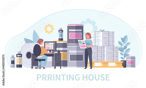 Printing House Polygraphy Colored Cartoon Concept