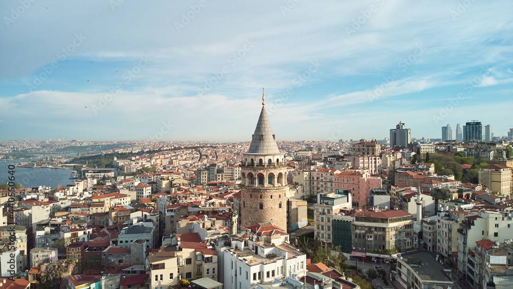 Aerial view of the Galata Tower in Istanbul. Turkey landmarks. Beyoglu district.
