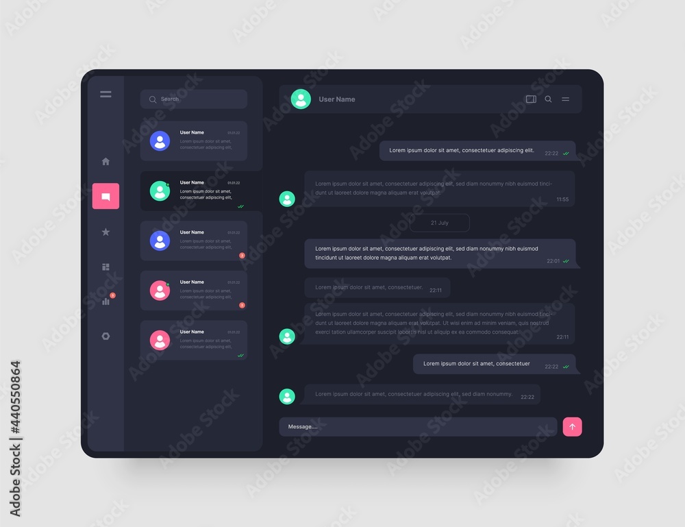 Dashboard Design with chat, social media, online messenger kit. App interface with UI and UX elements. Use design for web application, desktop app or website. Dark mode.