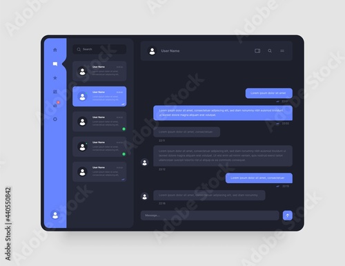 Dashboard Design with chat, social media, online messenger kit. App interface with UI and UX elements. Use design for web application, desktop app or website. Dark mode.