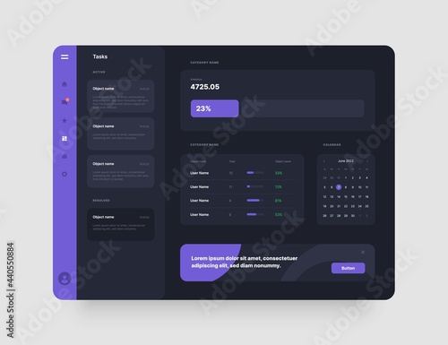 Dashboard Design. App interface with UI and UX elements. Use design for web application, desktop app or website. Dark mode.
