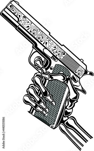 skeleton hand holding automatic pistol